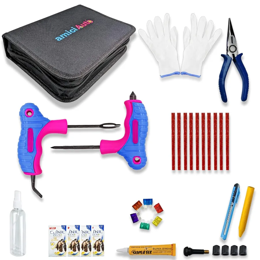 amiciAuto tubeless tyre puncture repair kit with tools plugs gloves and storage bag