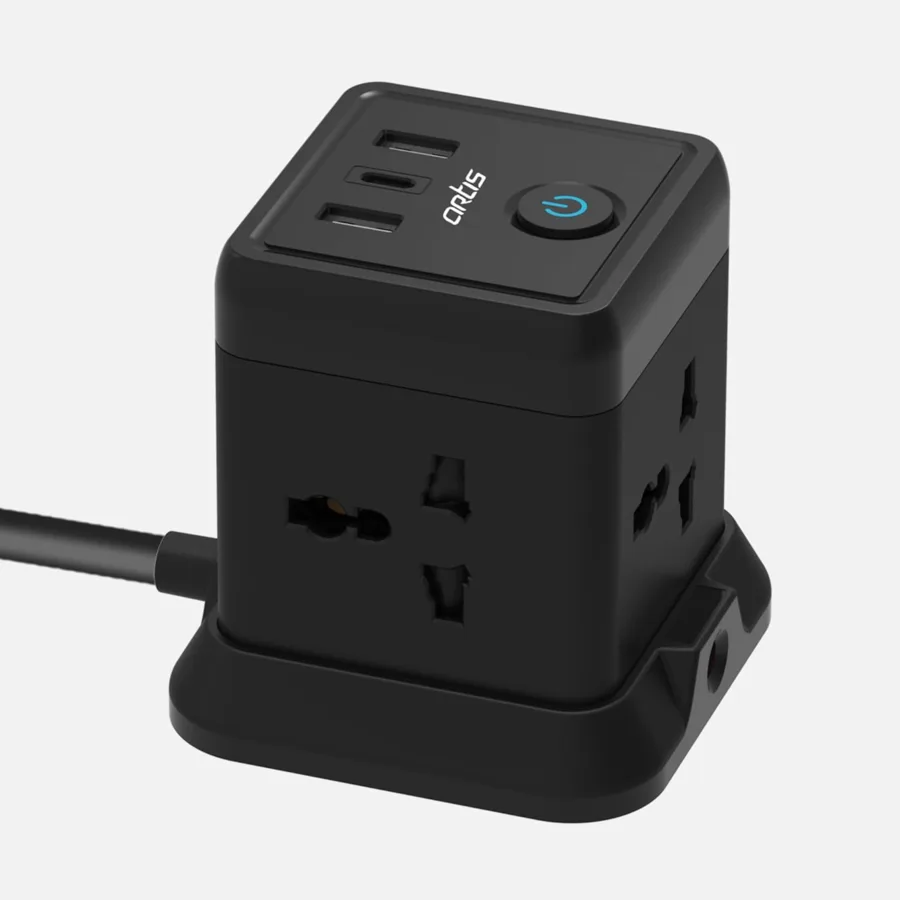 Black Artis universal socket surge protector with USB and USB-C ports