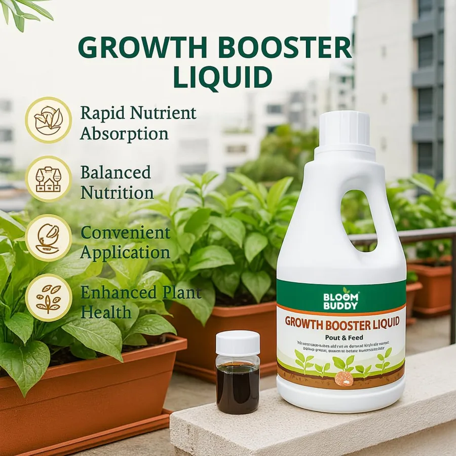 Bloom Buddy growth booster liquid bottle beside potted plants