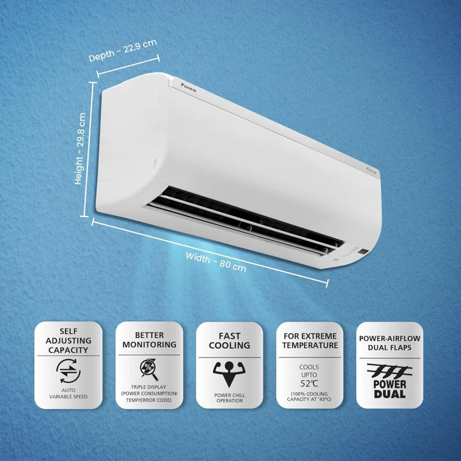 Daikin one ton three star inverter split AC with dimensions and feature icons