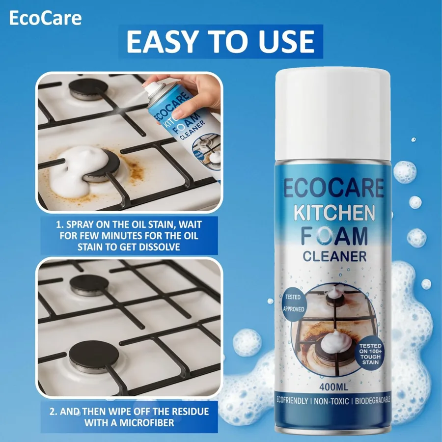EcoCare kitchen foam cleaner spray with usage instructions
