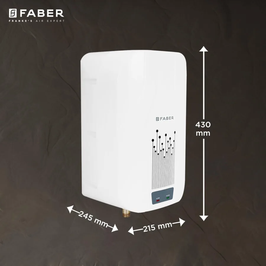 Faber Zippy instant geyser with product dimensions shown