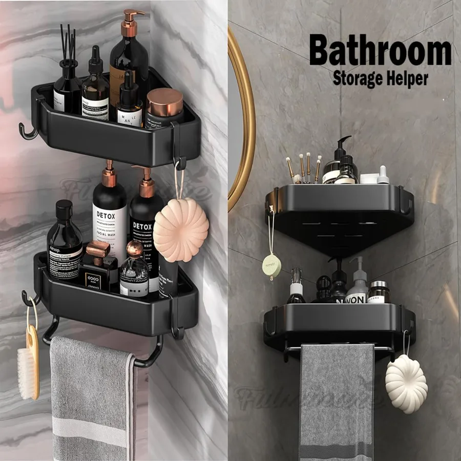 Black Fulminare bathroom corner shelf rack mounted with toiletries and towel