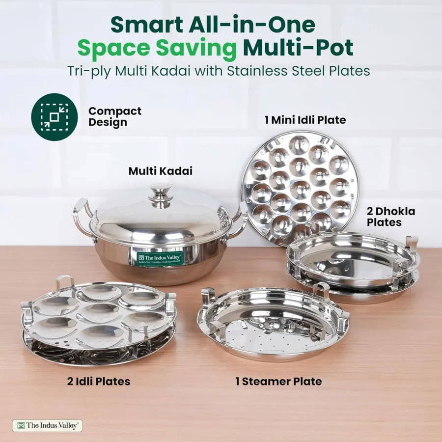 The Indus Valley triply stainless steel idli maker and multi kadai set