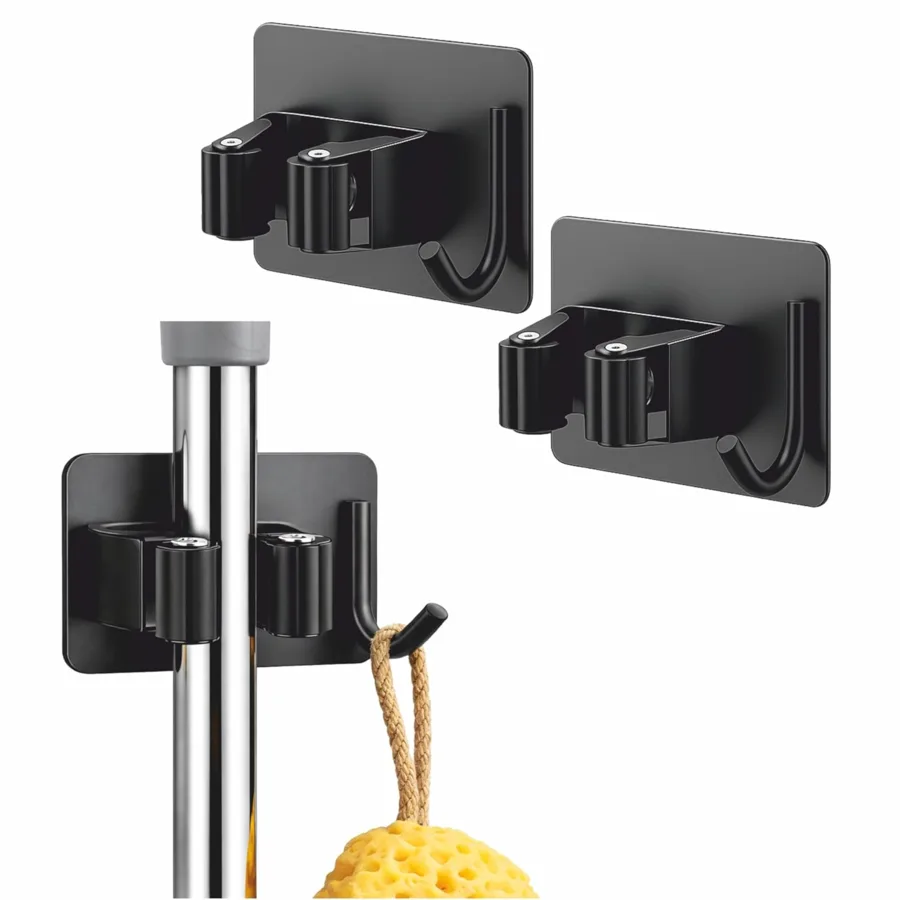 Black wall-mounted JIALTO broom holder hooks holding a mop and hanging sponge
