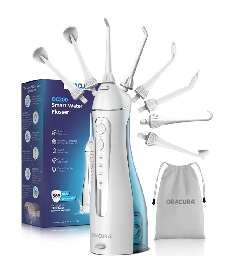 ORACURA OC200 smart water flosser with nozzle tips and travel pouch