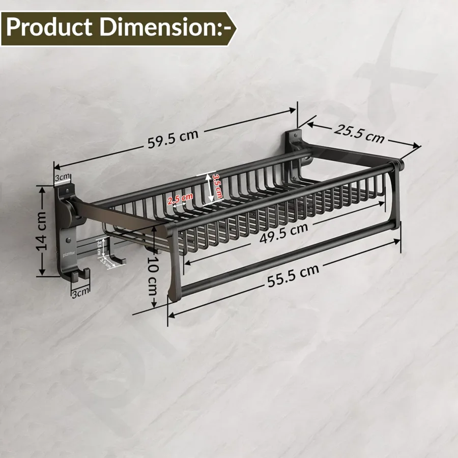 Black Plantex aluminum folding towel holder rack with product dimensions