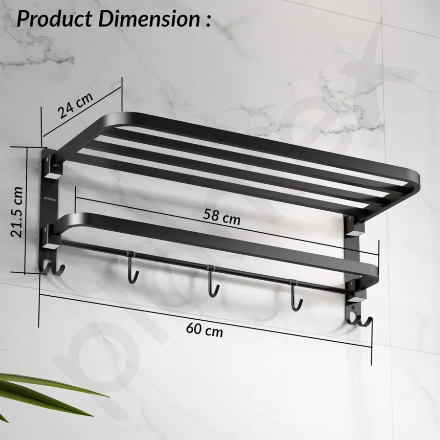 Black Plantex stainless steel bathroom towel rack with hooks and product dimensions