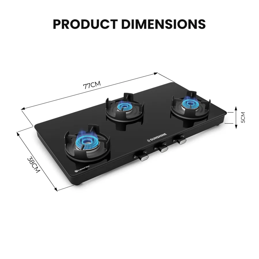 Sunshine Regal Pro three burner black glass cooktop with product dimensions