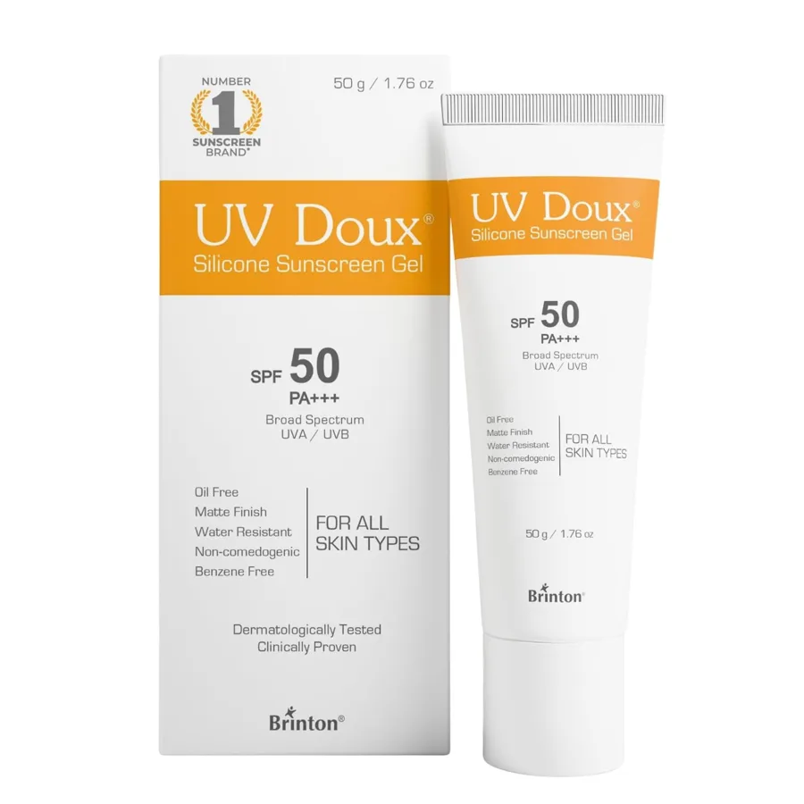UV Doux silicone sunscreen gel SPF 50 tube and box