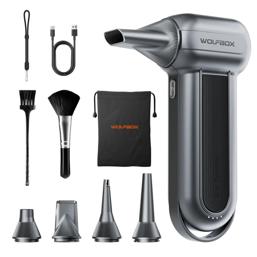 WOLFBOX MF100 electric air duster with nozzles brushes cable and storage pouch